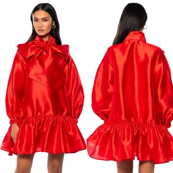 Akira Puff Sleeve Drop Waist Mini Red Dress S Holiday Party Christmas Coquette - Picture 2 of 16